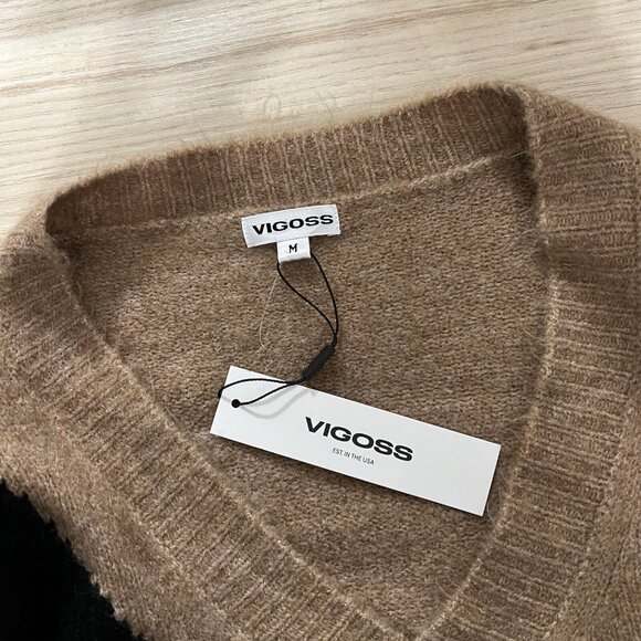 Vigoss Sweater Size Medium Colorblock V Neck Knit Cozy Pullover Long Sleeve Tan - Picture 5 of 10